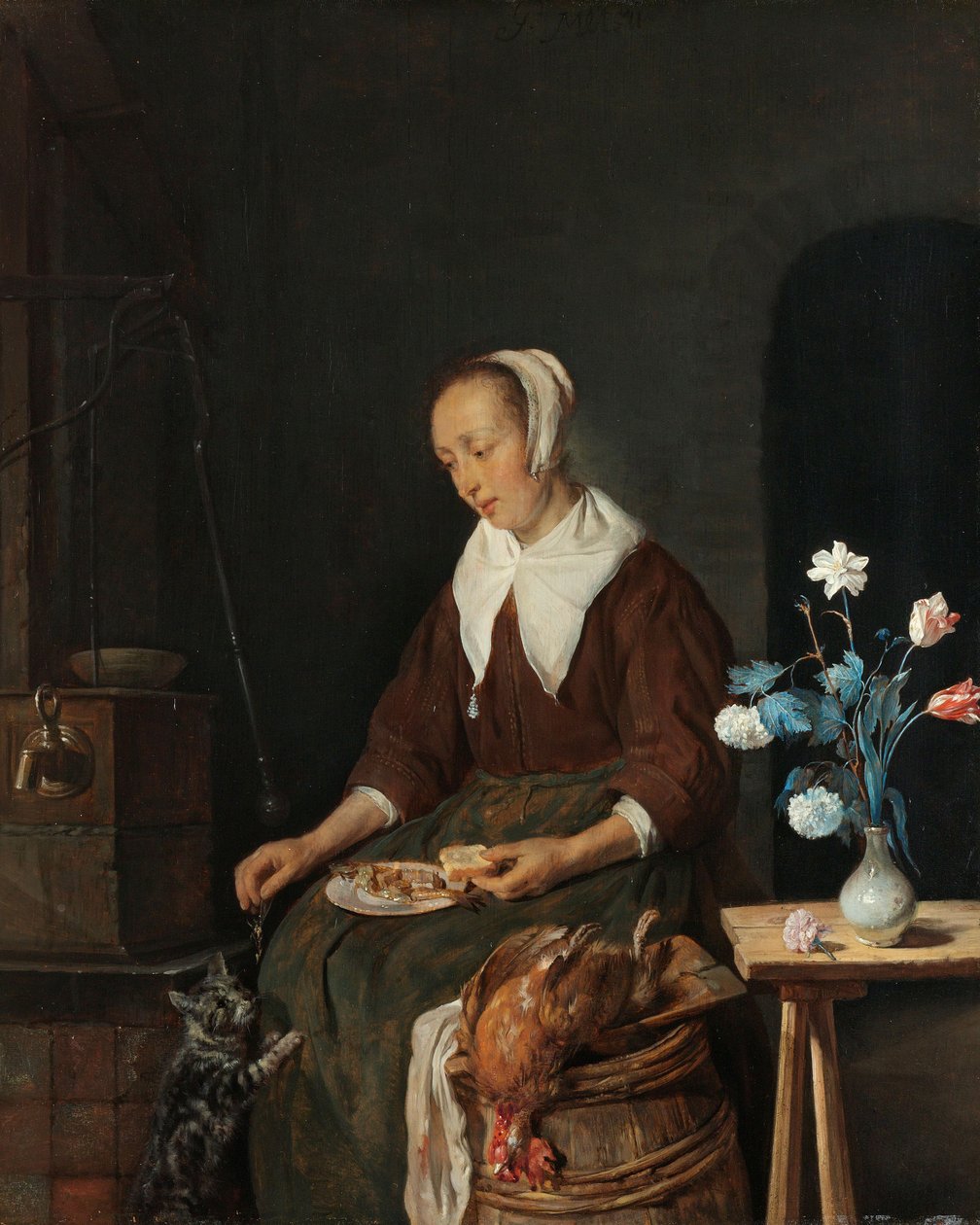 Žena při jídle, známá jako "Kočičí snídaně", asi 1661-64 (olej na desce) od Gabriel Metsu