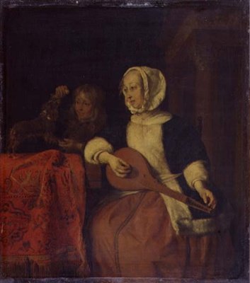 Žena hrající na mandolínu, cca 1660-65 (olej na panelu) od Gabriel Metsu