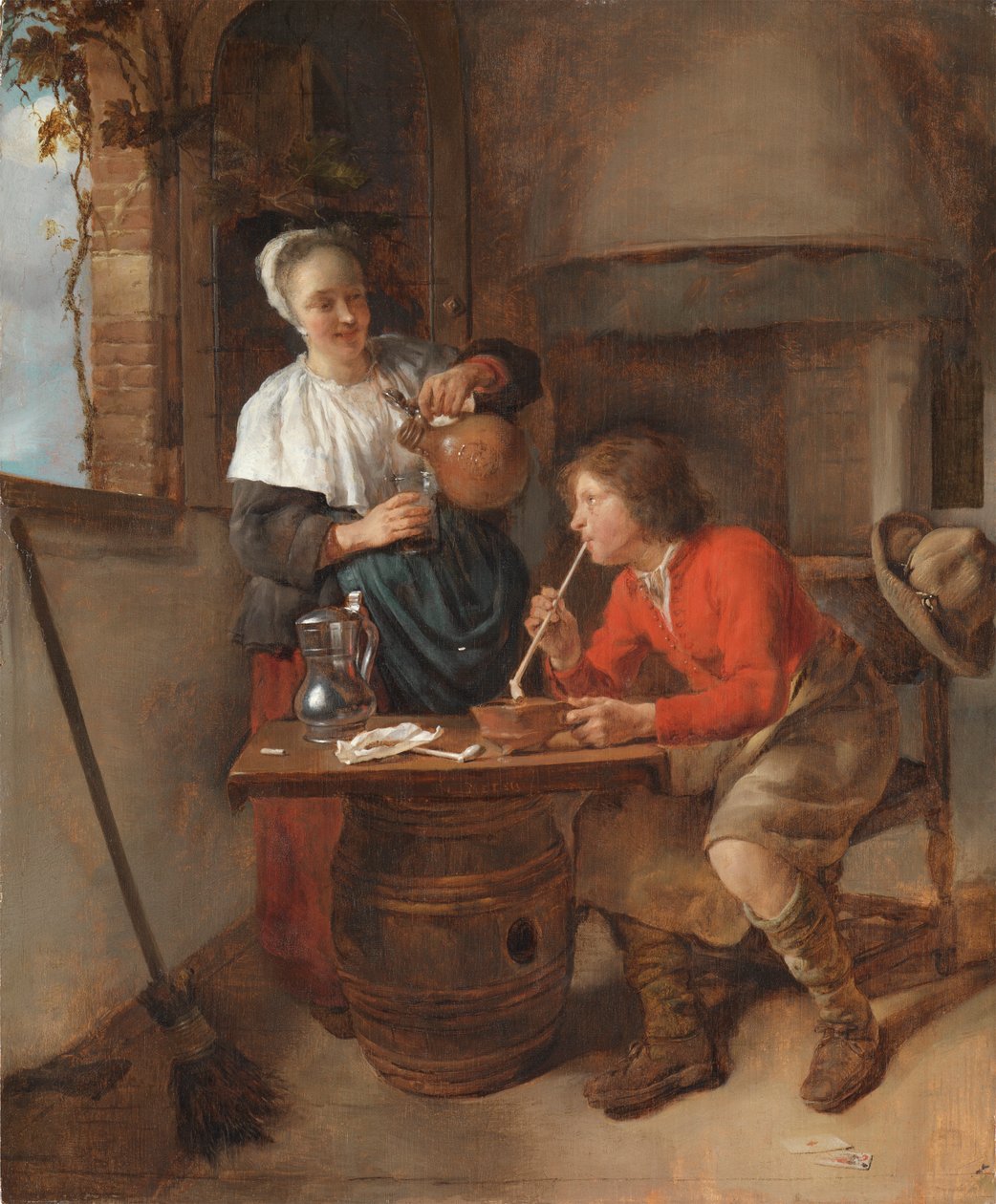 Mladý muž kouří a žena nalévá pivo od Gabriel Metsu