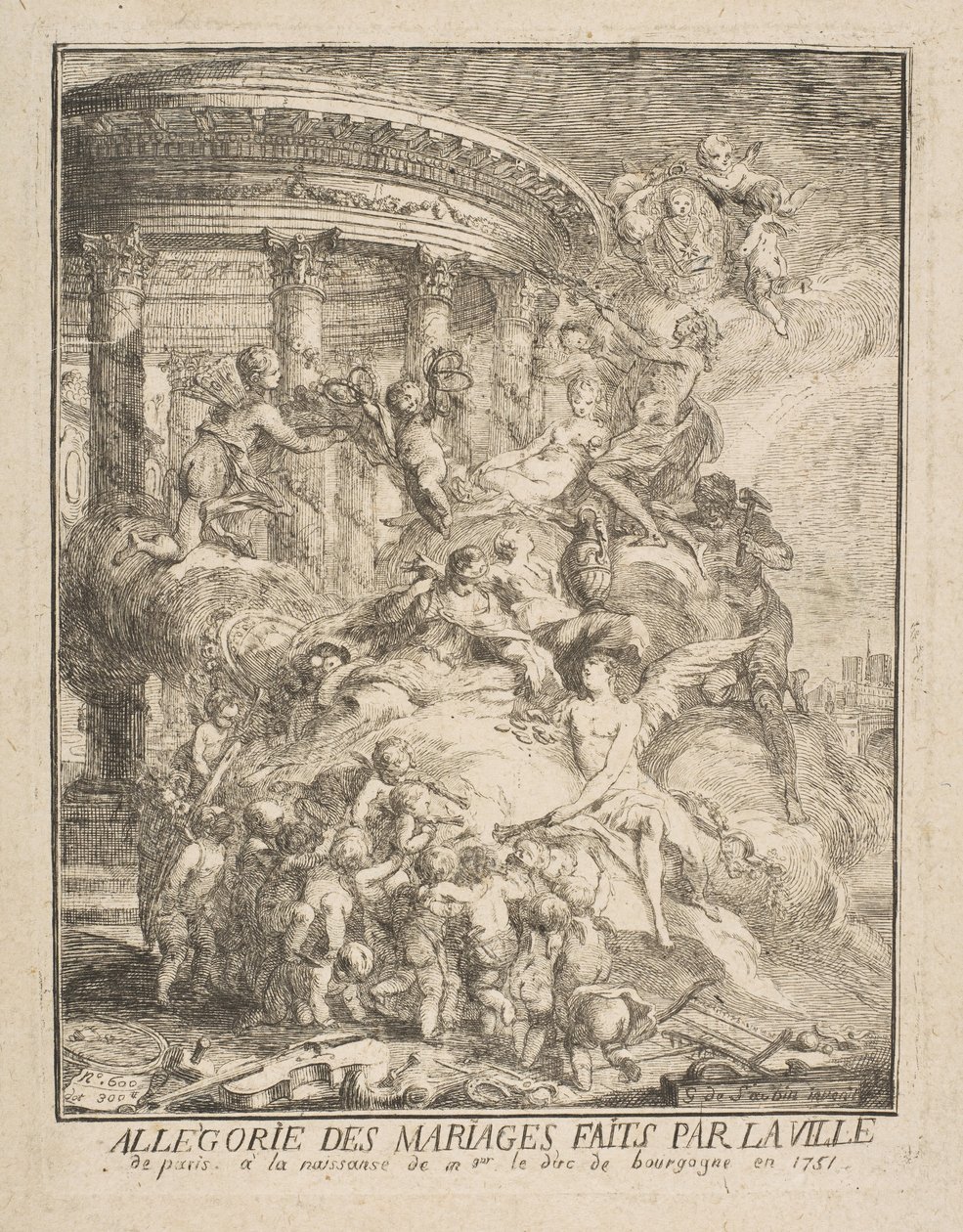 Alegorie sňatků, které uzavřelo město Paříž při narození vévody z Burgundska, 1752. od Gabriel de Saint Aubin