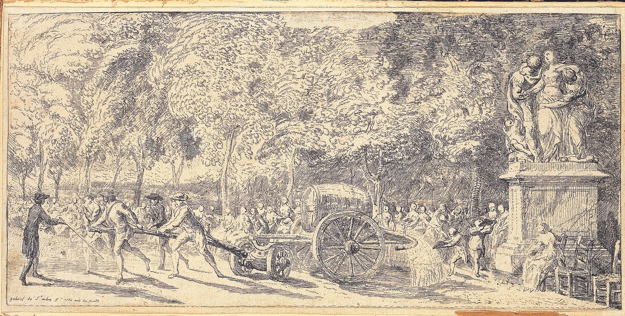 Postavy táhnoucí sud na vozíku v Tuileries Gardens, 1760 od Gabriel de Saint Aubin
