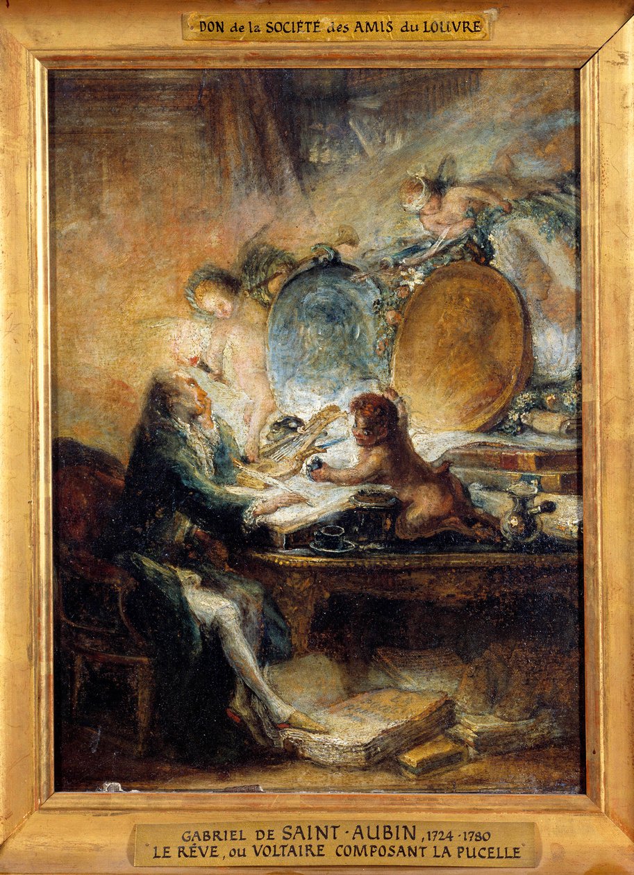 Le Reve ou Voltaire (1694-1778) skládající Služku““““ Obraz Gabriela Jacquese de Saint Aubin (1724-1780) Sun. 0,32 x 0,24 m od Gabriel de Saint Aubin