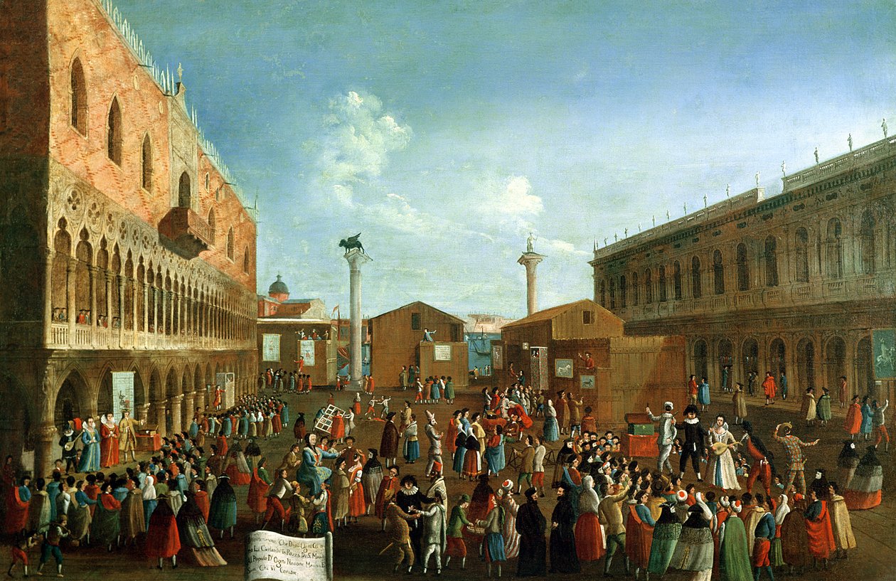 Šarlatáni na náměstí Piazzetta San Marco v Benátkách od Gabriele Bella