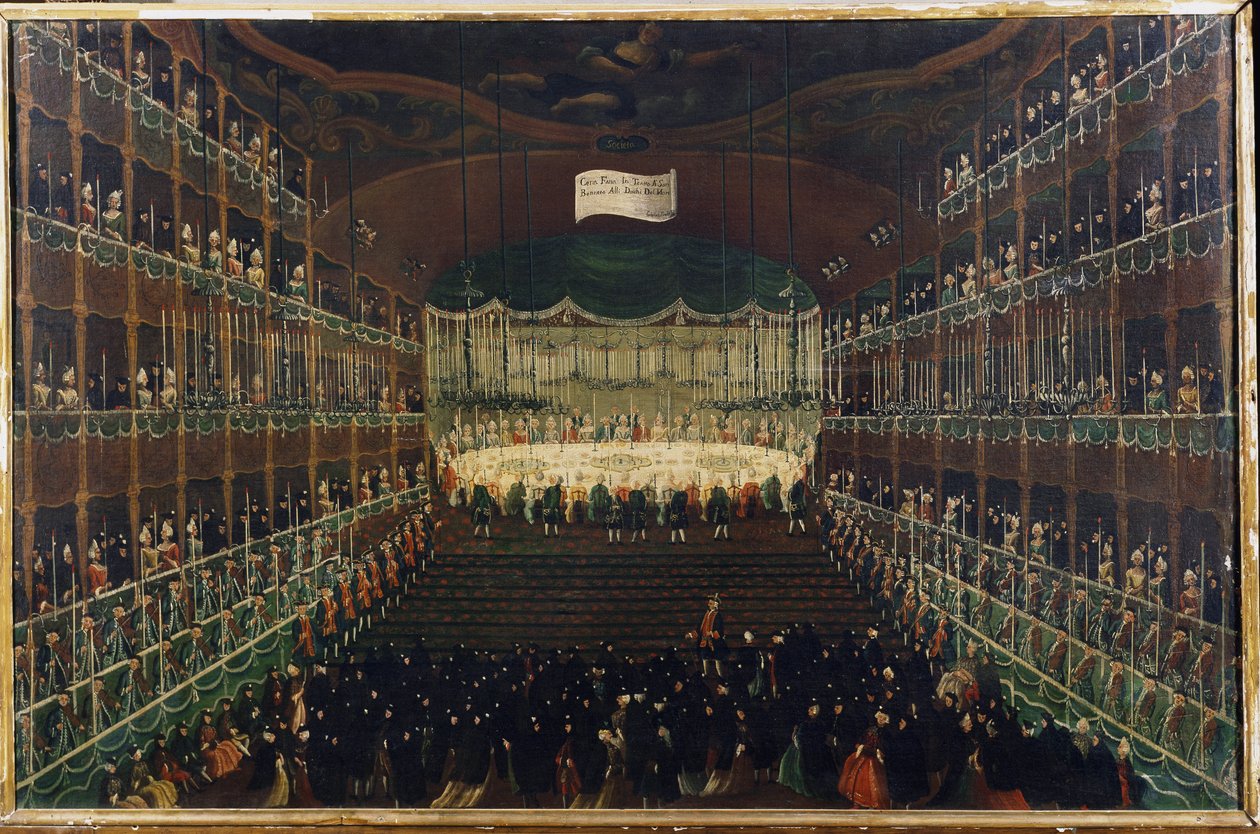 Jídlo v divadle San Benedetto – “”Recepce na počest princů Severu”” Banket, na kterém se sejdou velvyslanci. Obraz Gabriela Belly (1730-1799) Benátky 18. století, Galleria Fondazione Querini Stampalia od Gabriele Bella