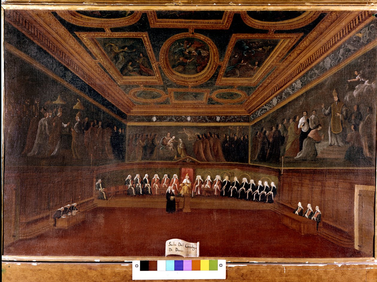 Rada deseti v Dóžecím paláci v 18. století - Sala Del Consilgio di Dieci 1725 - Místnost Rady deseti, Dóžecí palác, Benátky (18.) od Gabriele Belly (1730 - 1799) - Dóže a rada Deset. Muzeum Correr. Benátky od Gabriele Bella