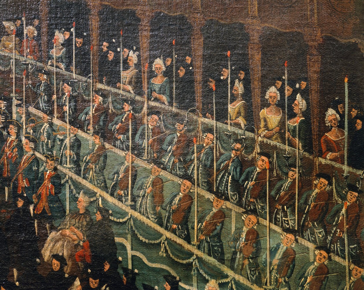 Hudebníci, detail z oběda v divadle San Benito nabízený Doge na počest princů severu, Benátky, Gabriel Bella (1730-1799), Olej na plátně od Gabriele Bella