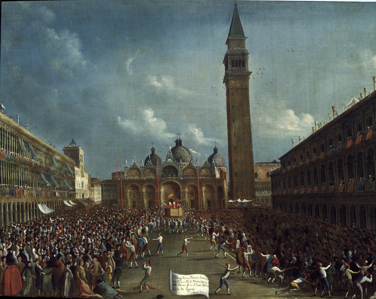 Průvod dóžete a rozdělování peněz občanům na náměstí svatého Marka - Obraz Gabriele Belly (asi 1730-1799). Benátky, nadace Querini Stampal od Gabriele Bella