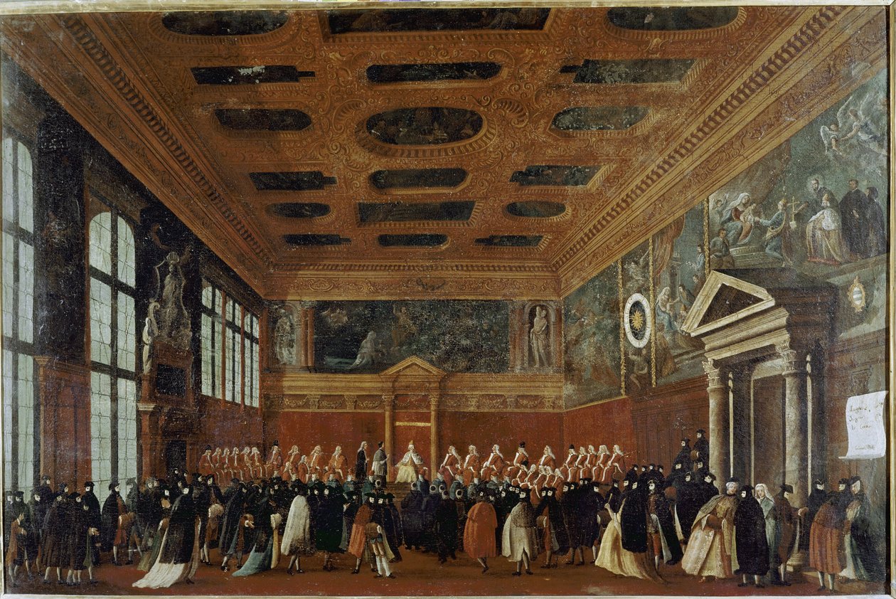 Přijetí velvyslanců na Collegiu (Benátky, přijetí velvyslance na Collegiu) - Obraz Gabriele Belly (asi 1730-1799), olej na plátně, 99x150 cm. Benátky, nadace Querini Stampalia od Gabriele Bella