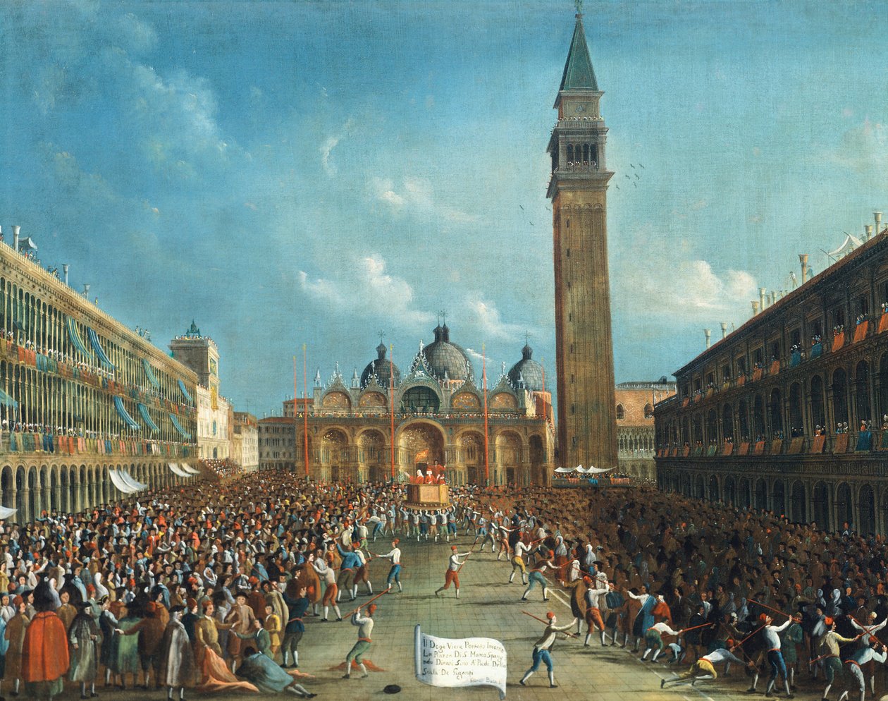Dóže je triumfálně nese a rozhazuje peníze na Piazza San Marco (Náměstí svatého Marka) od Gabriele Bella