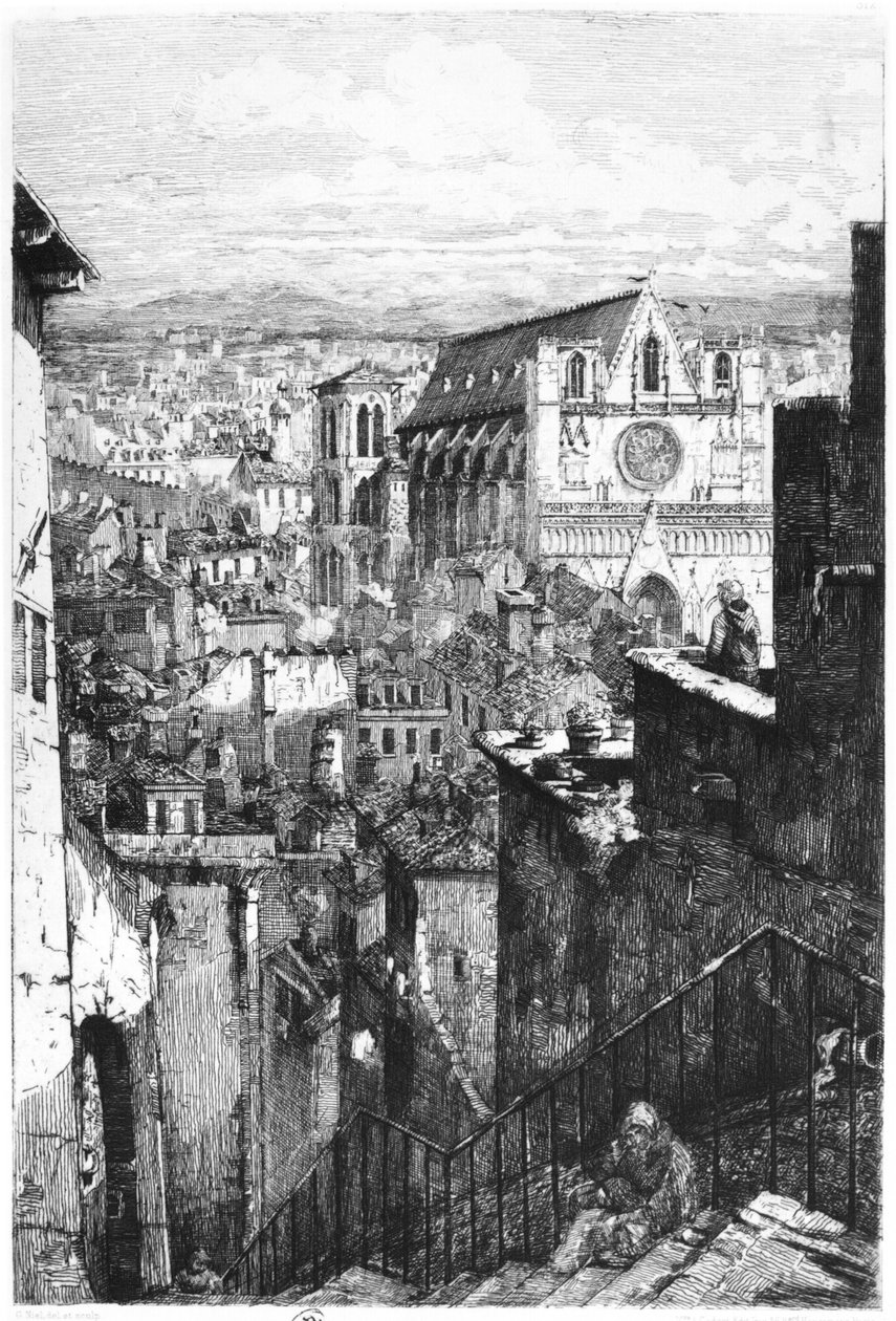 Pohled na kostel Saint-Jean, Lyon, polovina 19. století (černobílá fotografie) od Gabrielle Marie Niel