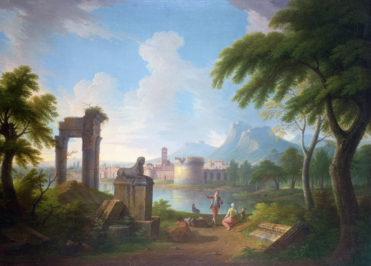 Hornatá říční krajina s hrobkou Cecilie Metelly a Campanile of Campovaccino, 1752 (olej na plátně položeném na masonit) od Gabrielle Ricciardelli