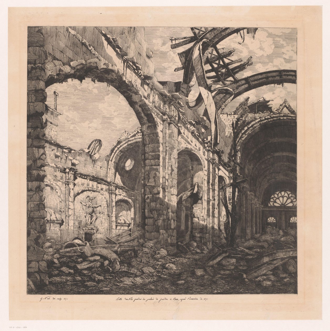 Ruïne van de Salle des Pas Perdus v Paříži na de brand van 1871 Salle des pas perdus z Palais de Justice v Paříži po požáru v roce 1871 (název na předmětu) od Gabrielle Marie Niel