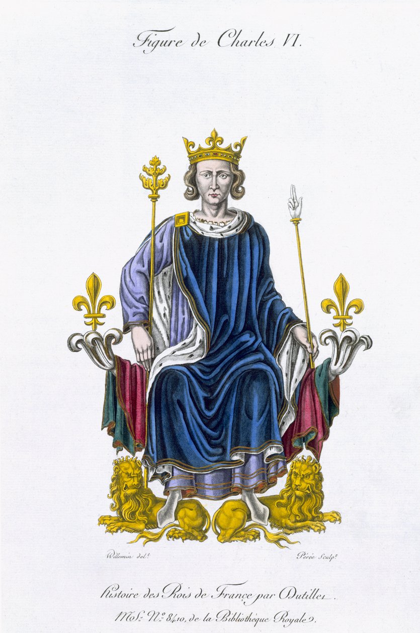 Postava Karla VI., vyrytá Amedee Peree, z „Histoire des Rois de France“ (barva litho) od Gabrielle Willemin