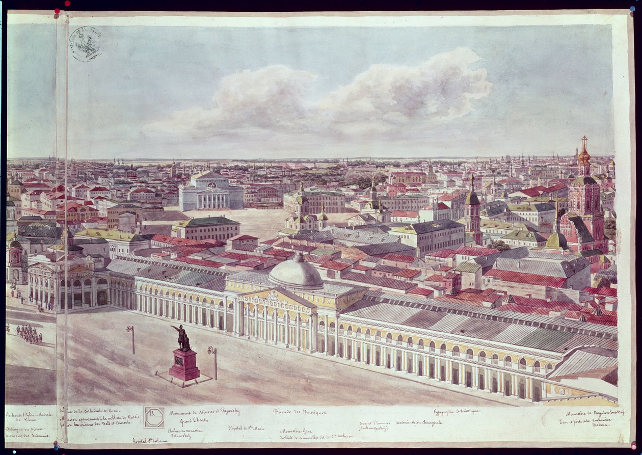 Panorama Moskvy, zobrazující obchodní dům „Gum“ a Velké divadlo na Rudém náměstí, 1819 (viz 170139-170146) od Gadolle