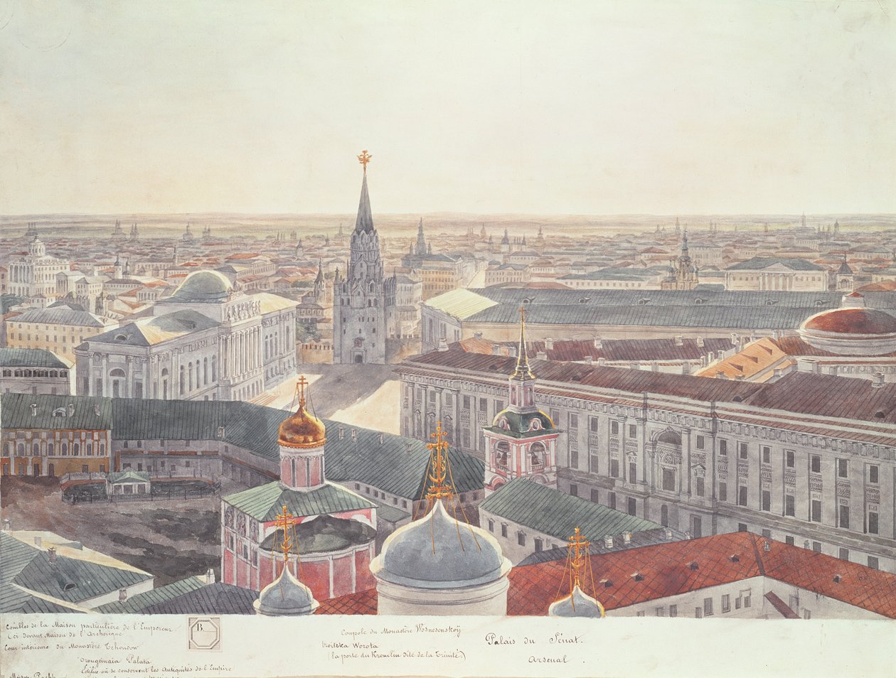 Panorama Moskvy, zobrazující bývalý Senátní palác (nyní Kabinet), klášter Wosnesenskoy a bývalý Arsenal, 1819 (viz 17039-170146) od Gadolle