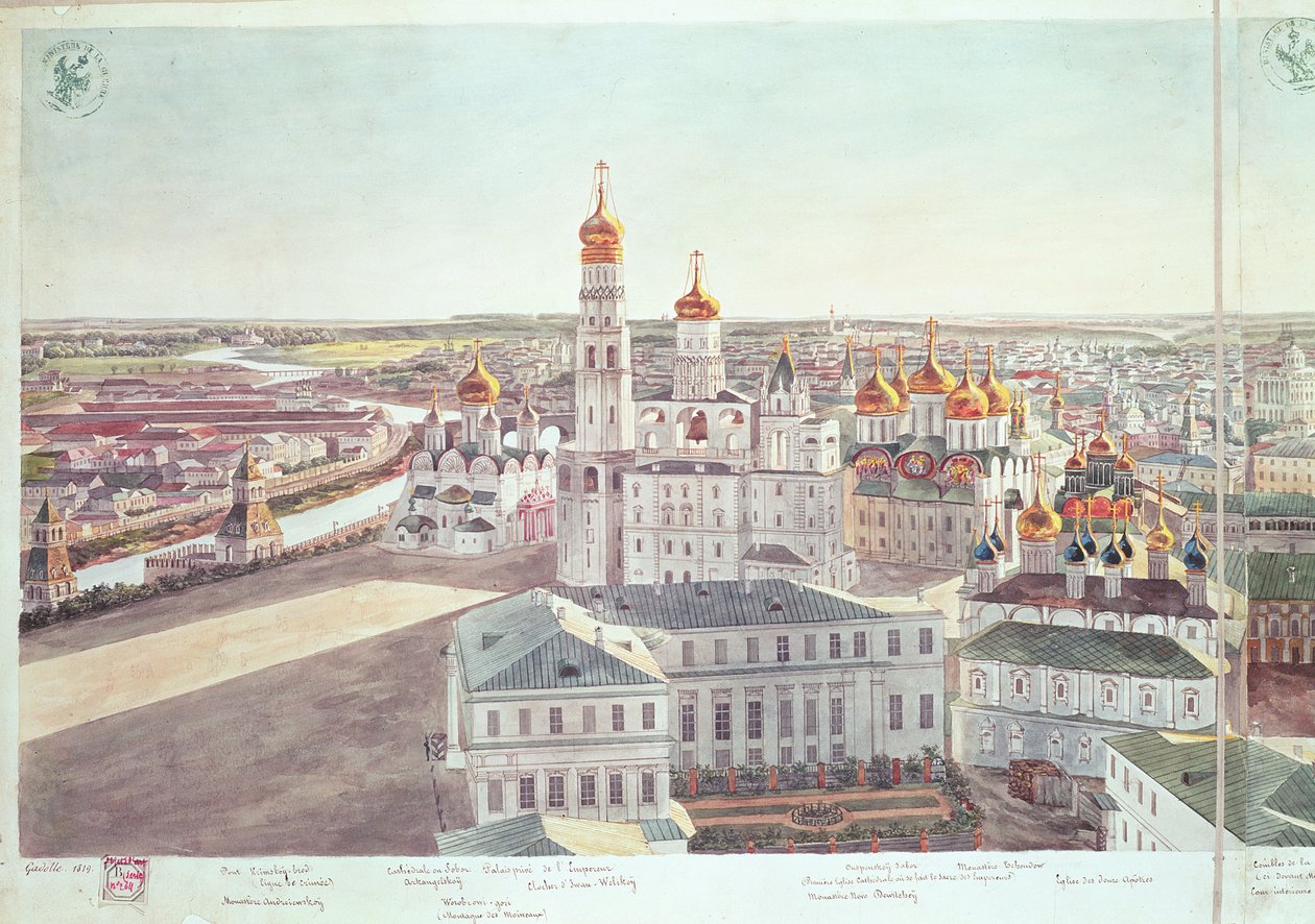 Panorama Moskvy, detail kremelských katedrál, 1819 (viz 170140-170146) od Gadolle