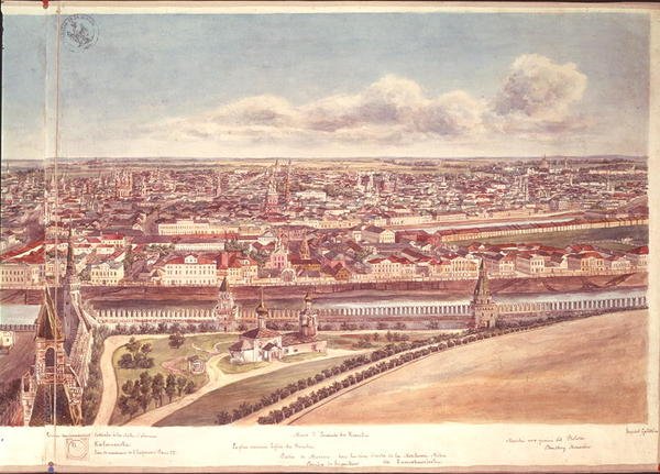 Panorama Moskvy, zobrazující kremelské zdi a řeku Moskva, 1819 (wc na papíře) (viz 170139-170145) od Gadolle
