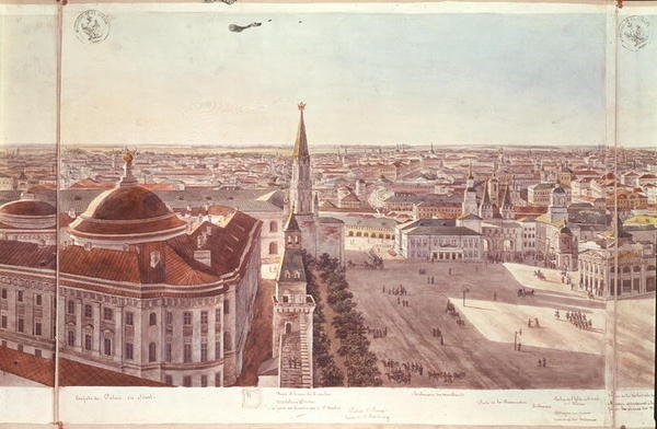 Panorama Moskvy, zobrazující bývalý Senátní palác (nyní Úřad vlády), opevnění Kremlu a Rudé náměstí, 1819 (wc na papíře) (viz 170139-170146) od Gadolle