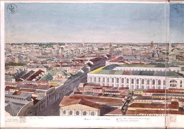 Panorama Moskvy, zobrazující bývalé tržiště a burzu v Gostiny Dvor, 1819 (wc na papíře) (viz 170139-170146) od Gadolle