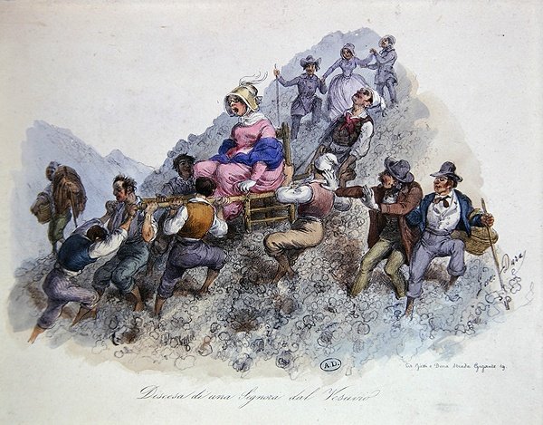 Turista sestupující z Vesuvu, kolem roku 1830 (barevné lito) od Gaetano (after) Dura