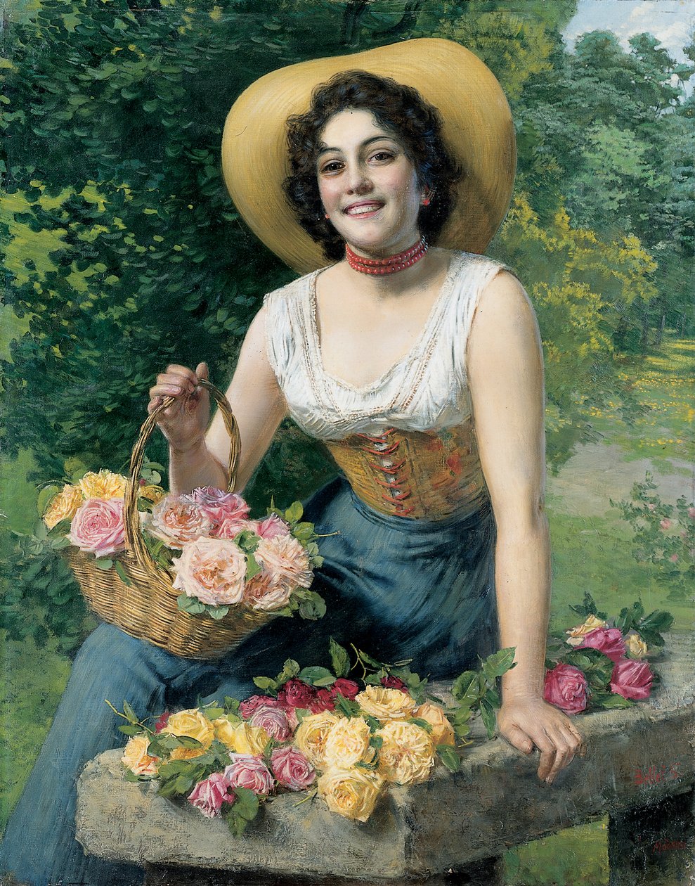 Kráska drží košík růží od Gaetano Bellei