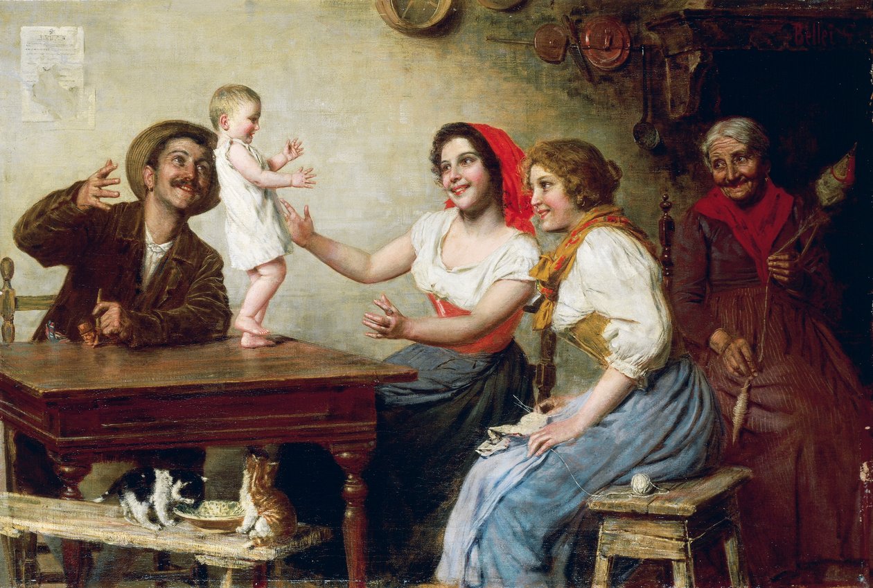 První kroky, Gaetano Bellei (1857-1922), olej na plátně, 55x82,5 cm od Gaetano Bellei