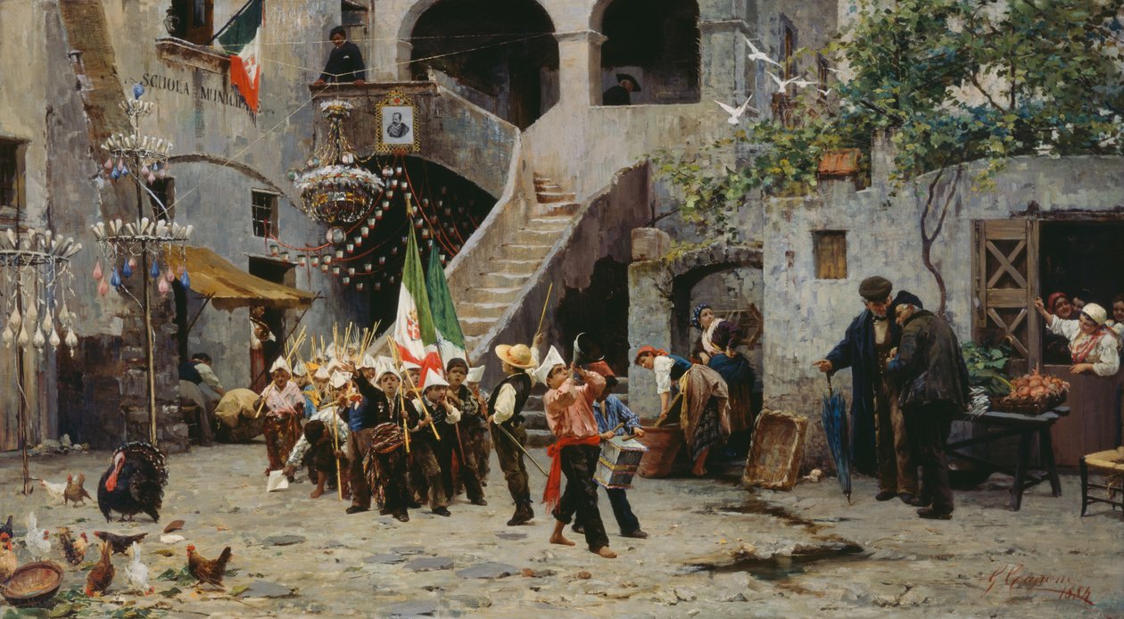 Ať žije král, průvod dětí s italskou vlajkou od Gaetano Capone