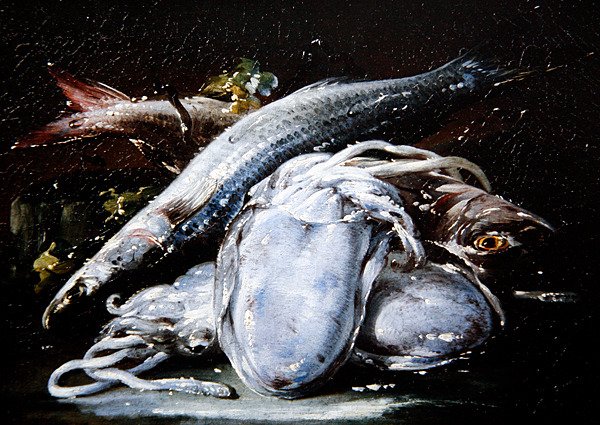 Chobotnice, parmice šedé a parmice červené spočívající na kamenné římse (olej na plátně) od Gaetano Cusati