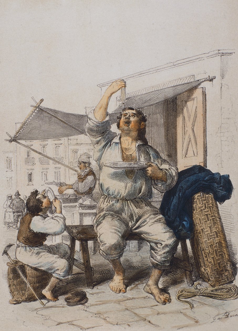 Mangia Maccaroni (jedlíci těstovin), Gaetano Dura (1805-1878), rytina, Itálie od Gaetano Dura