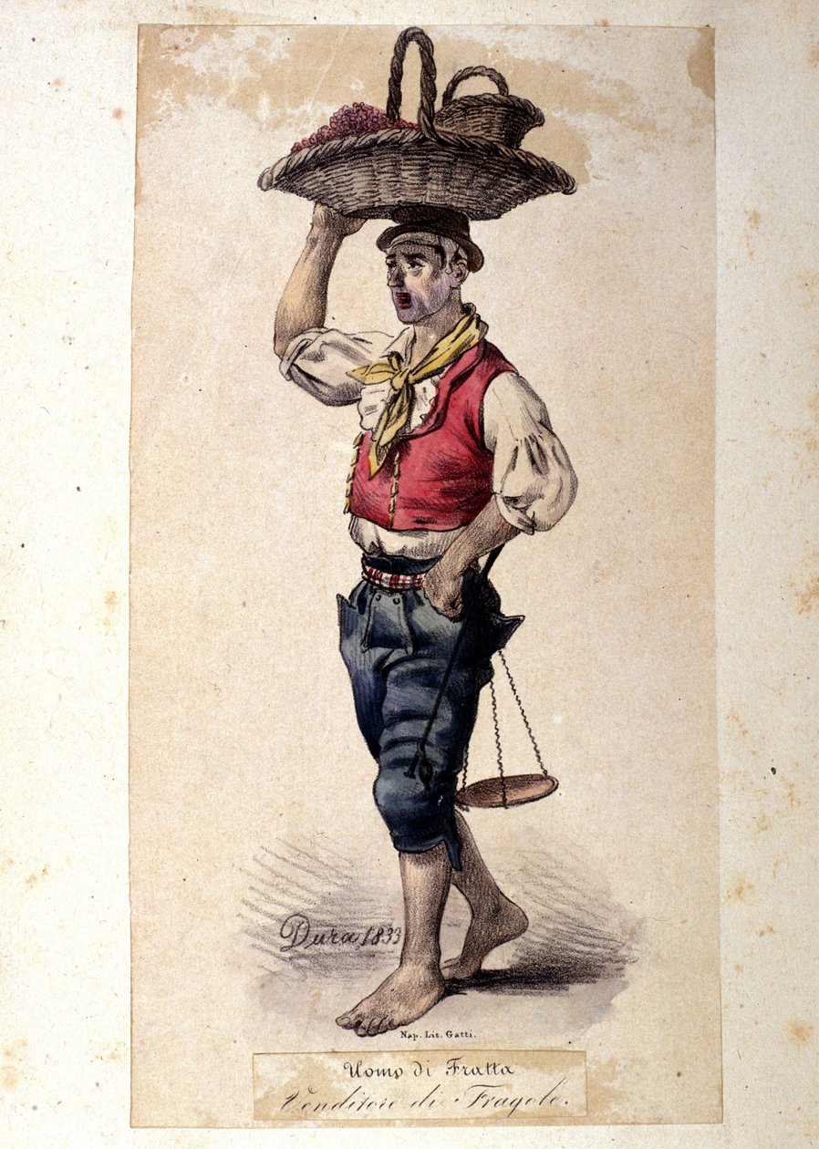 Neapolský malý metier: prodejce jahod. Litografie G. Dury od Gaetano Dura