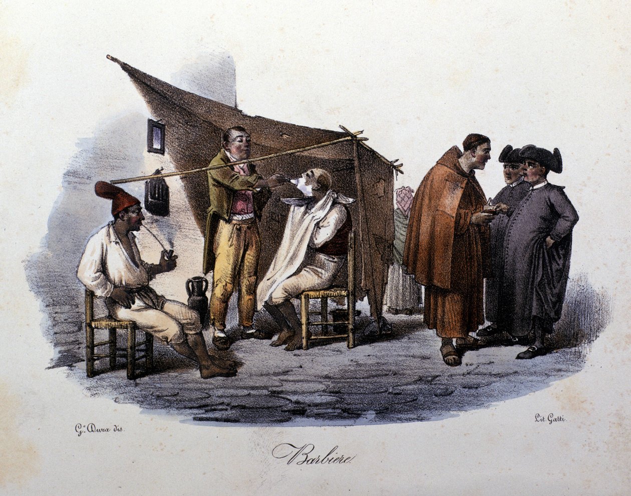 Malý metr města Neapol: chodící holič a povídání na ulici. Litografie G. Dura od Gaetano Dura