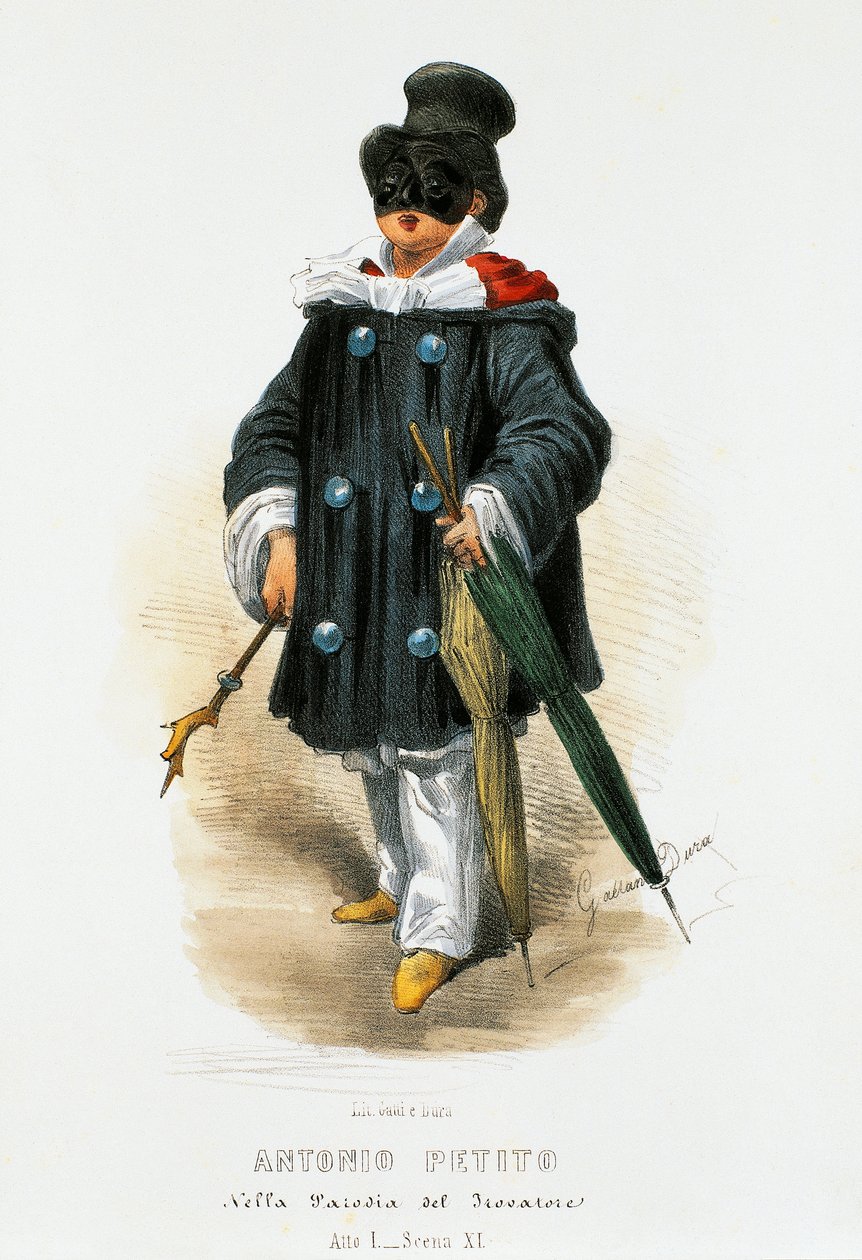 Herec Antonio Petito (1822-1876) v jevištním kostýmu v parodii Trubadúr, litografie Gaetano Dura (1805-1874) od Gaetano Dura