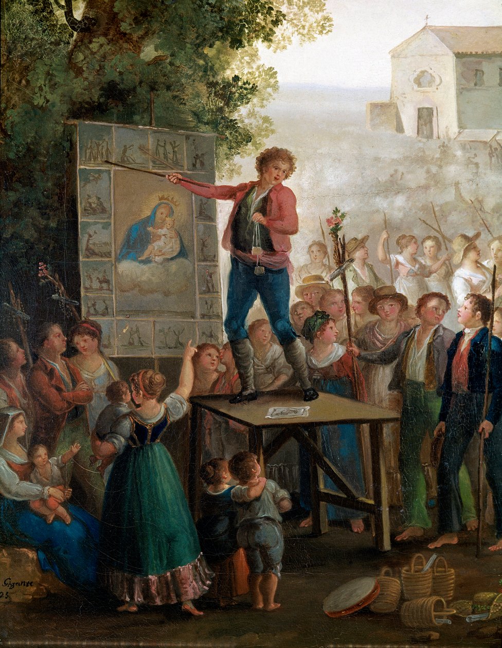 Pouliční umělec zpívající zázraky Panny Marie na svátku Madonna dell