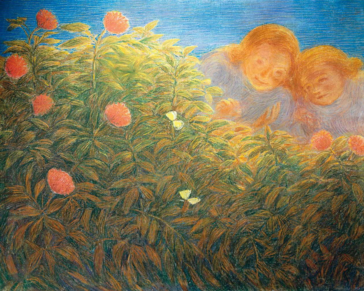 Květiny a motýli, Gaetano Previati (1852-1920), olej na plátně od Gaetano Previati
