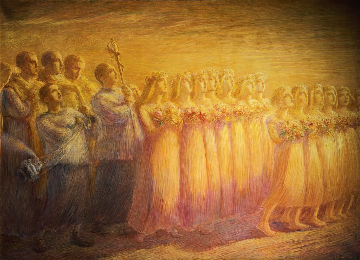 Pohřeb panny, Gaetano Previati (1852-1920), Detail pravé strany od Gaetano Previati