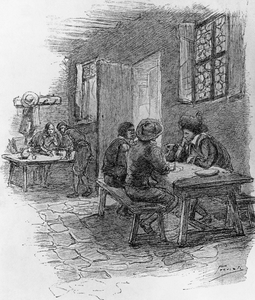 Renzo, Tonio a Gervase v hostinci, kapitola VII, ilustrace Gaetana Previatiho (1852-1920) pro Věrnost, historický román Alessandra Manzoniho (1785-1873) od Gaetano Previati