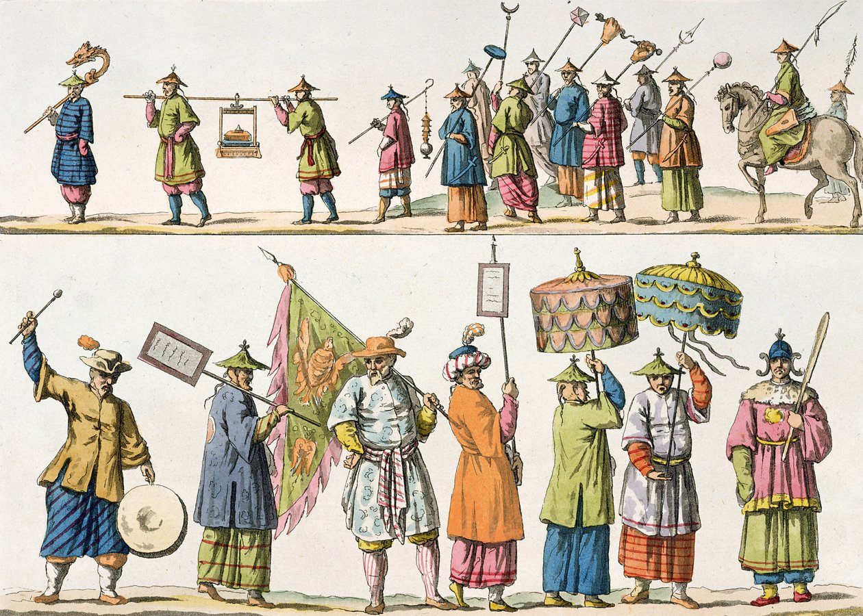 Hlavní průvodci průvodu čínského císaře, ilustrace z „Le Costume Ancien et Moderne“ od Giulia Ferraria, vydáno kolem 20.–30. od Gaetano Zancon