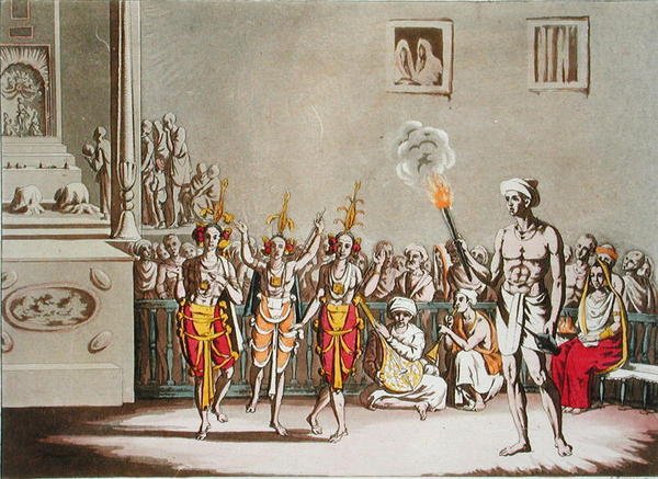 Tři Baltoci oslavují hinduistický festival Giolen-Giatrah, deska 52 z „Le Costume Ancien et Moderne“ od Julese Ferraria, vydáno kolem 20.–30. let 18. století (barevné lito) od Gaetano Zancon