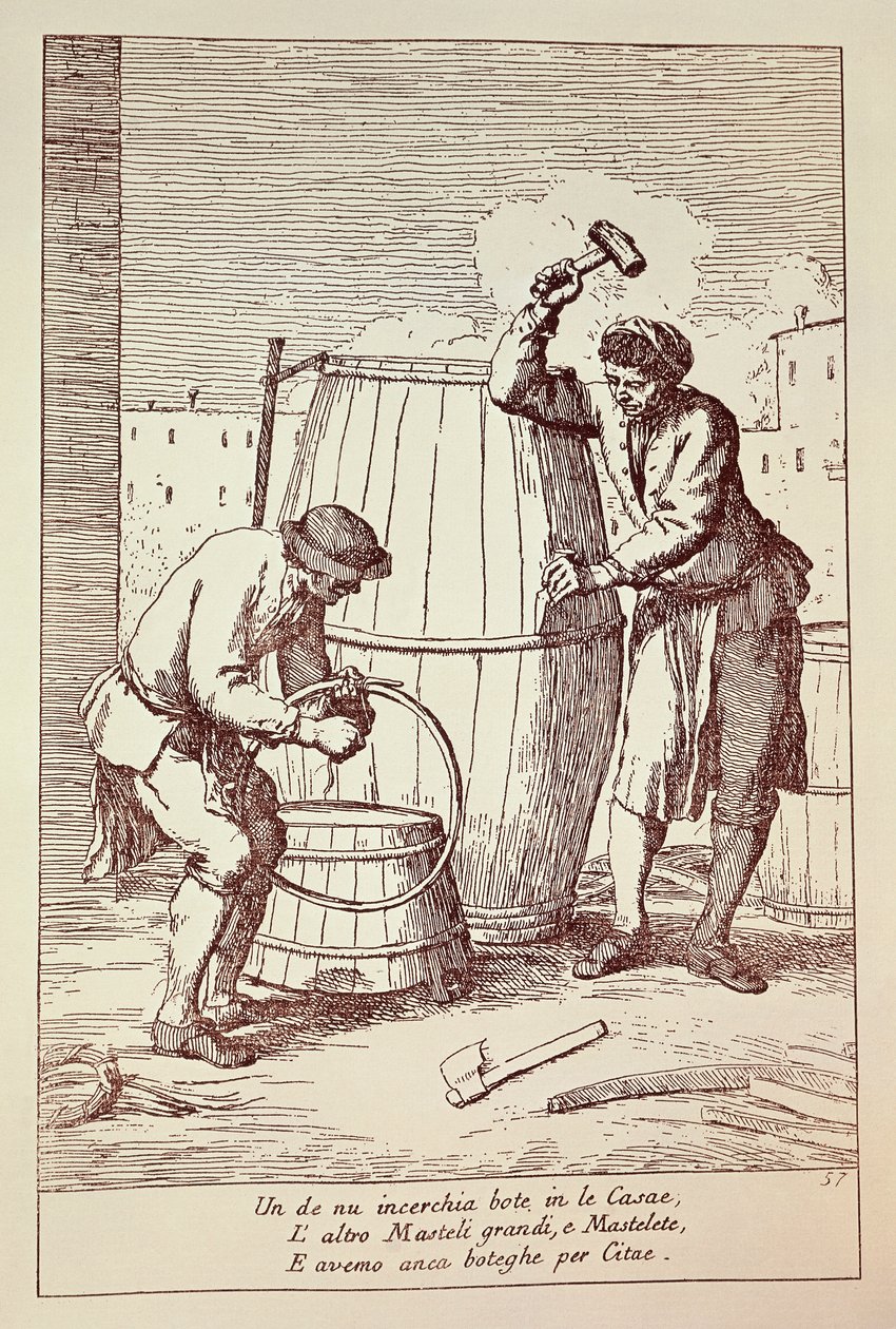 Bednáři při práci, rytina Gaetana Gherardo Zompini (1700-1778) z Umění každodenního života ve městě Benátky, Itálie od Gaetano Zompini