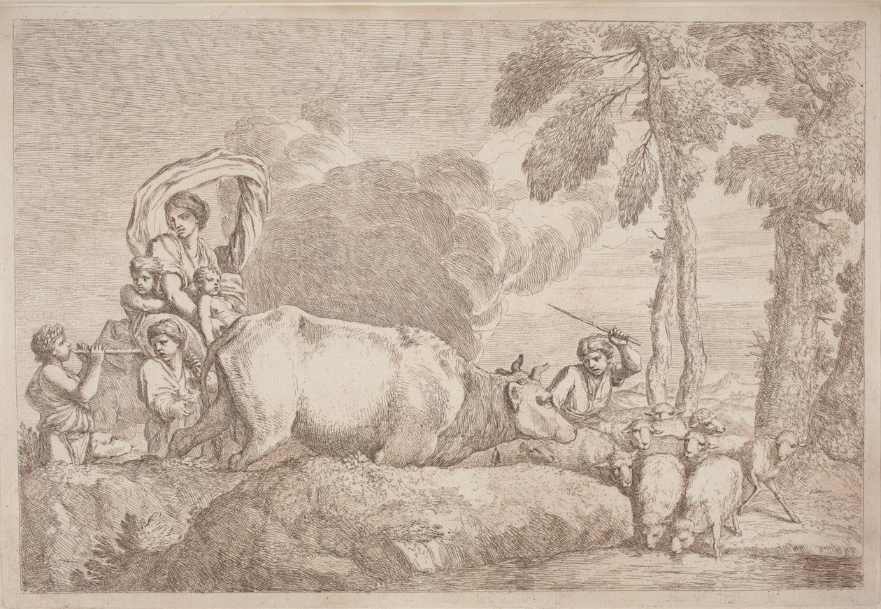 Žena se dvěma dětmi na koni od Gaetano Zompini, after Giovanni Benedetto Castiglione