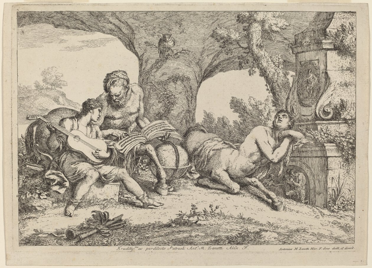 Chiron učí hudbu Achilles od Gaetano Zompini after Giovanni Benedetto Castiglione
