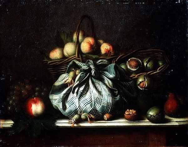 Koše s ovocem, vlašskými ořechy a ořechy v batohu, 1733 od Gagneux