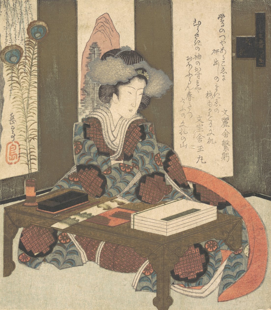 Dáma, která se chystá napsat báseň, ca. 1820. od Gakutei