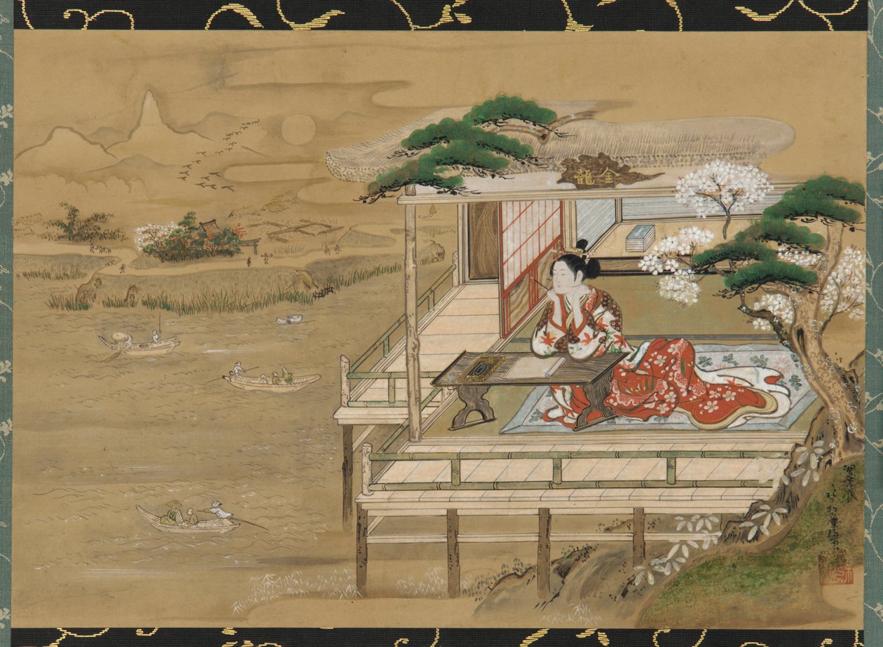 Murasaki Shikibu prášek mpo new g tea tae f Genji at Ishiyamadera, Edo Perio d, 19th line. od Gakutei