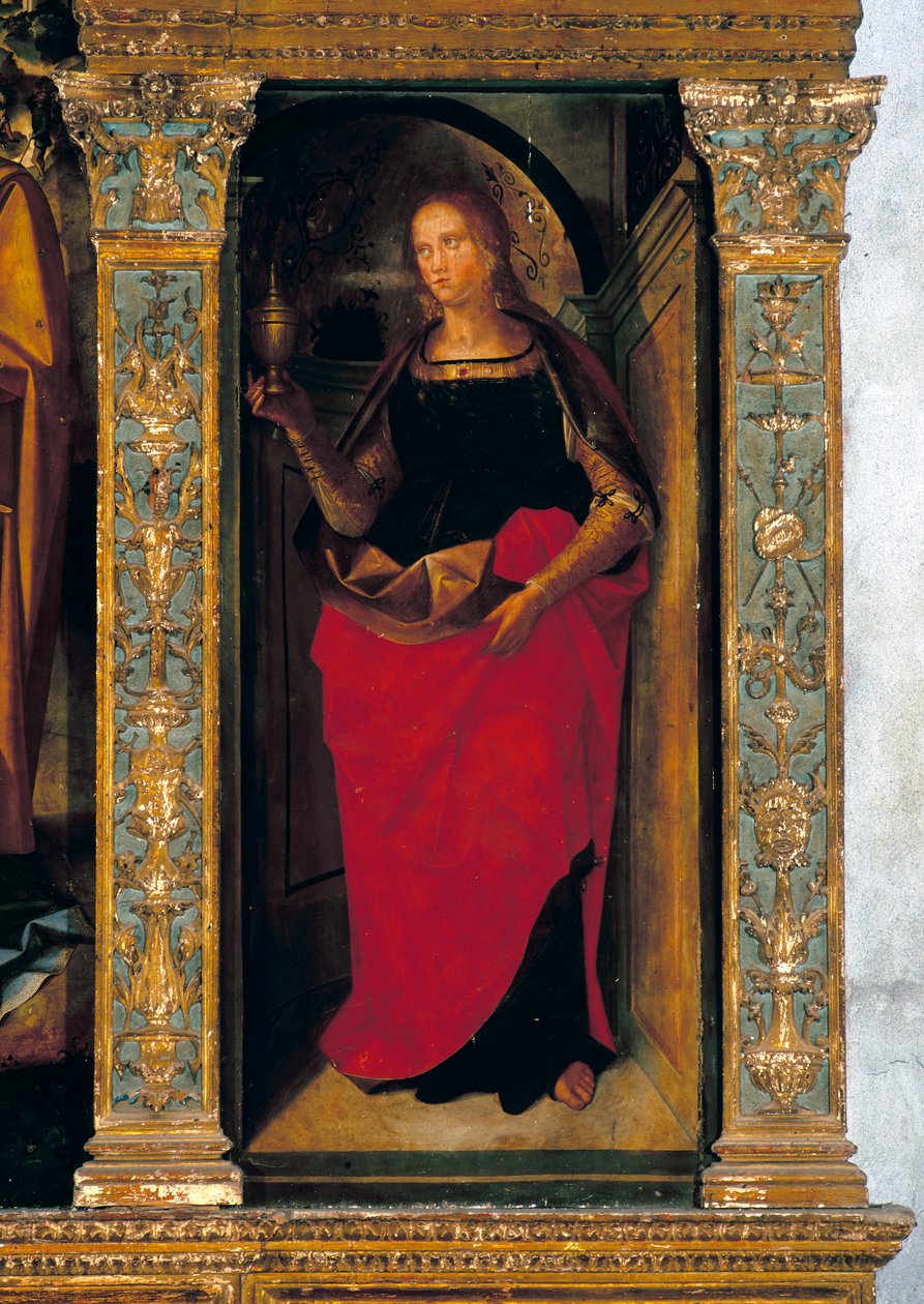 Polyptych s Narozením Páně s bočními panely se svatými Petrem, Pavlem, Klementem a Magdelenou (detail Marie Magdalény) od Galeazzo and Aleni Tommaso fl.1505 15) Campi