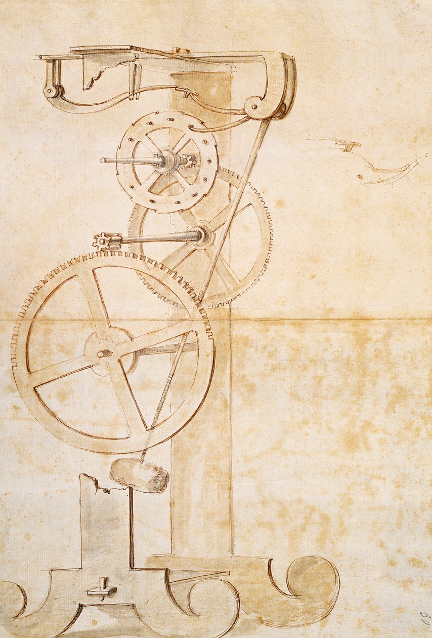 Kresba Galileových kyvadlových hodin, rukopis Galileo Galilei (1564-1642), 85 gal, f 50 r. od Galileo Galilei