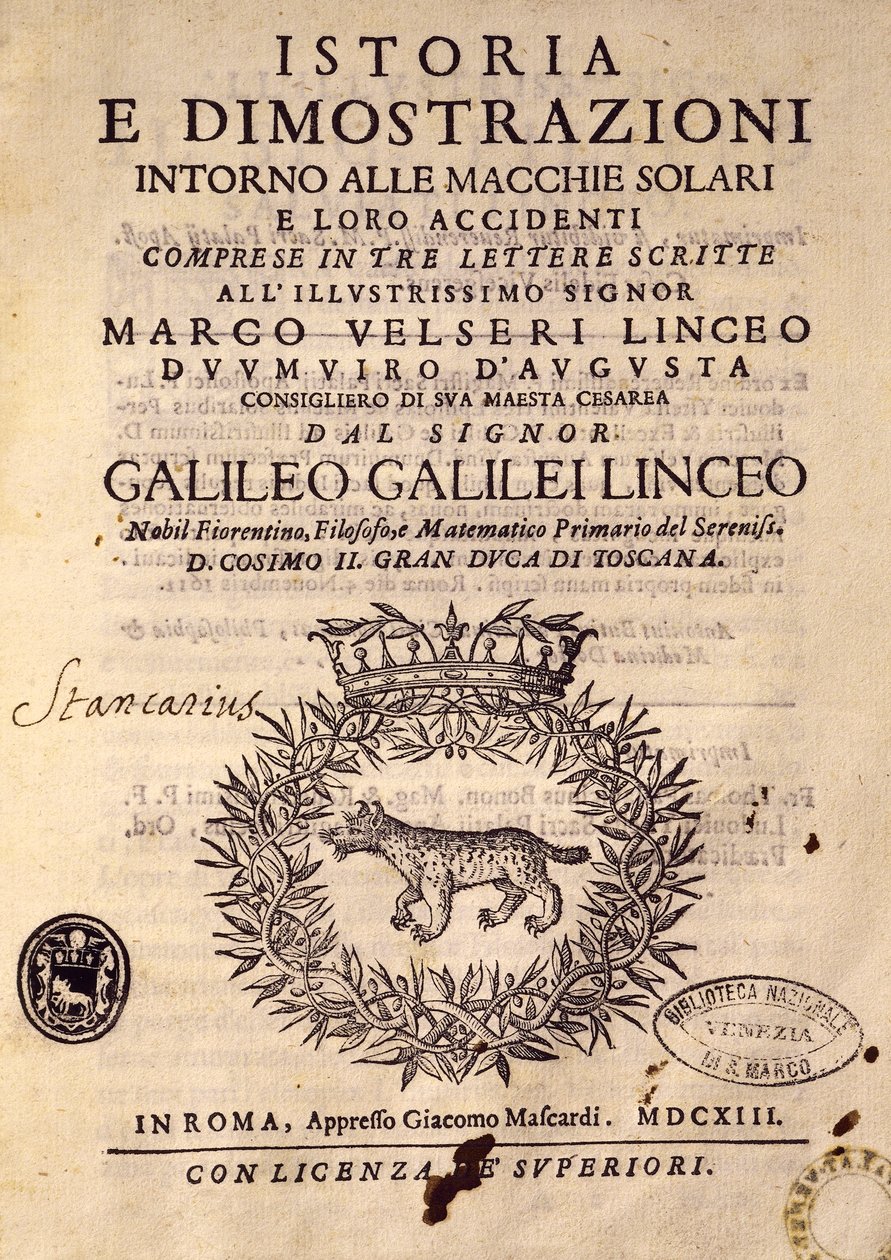 Titulní strana Historie a ukázky týkající se slunečních skvrn a jejich vlastností od Galileo Galilei