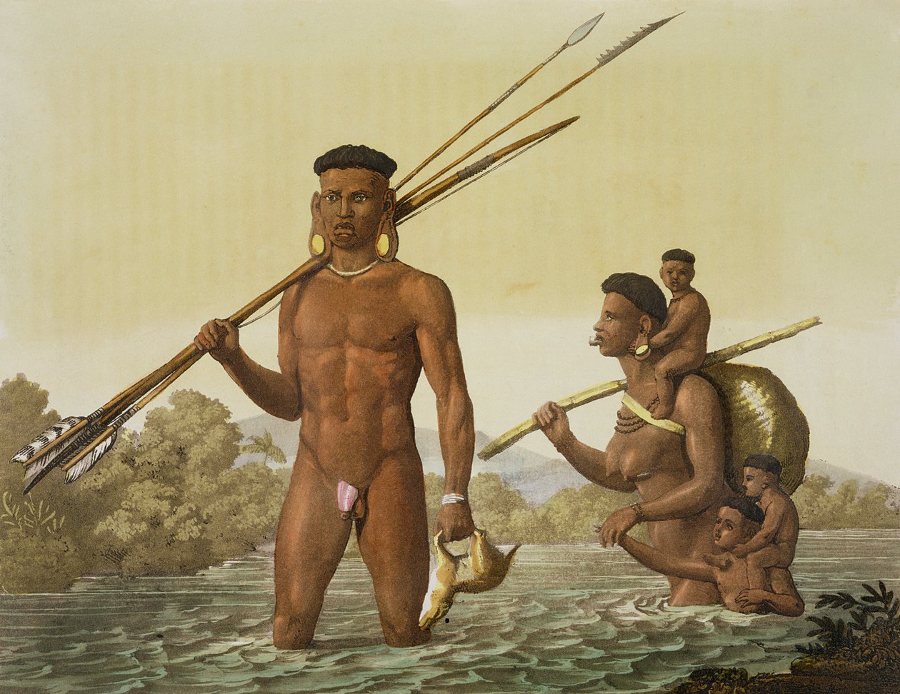 Rodina Botocudos, Rio Grande, Brazílie, z „Le Costume Ancien et Moderne“, svazek II, deska 37, od Julese Ferraria, publikováno kolem 1820-30 (viz také 84784) od Gallo Gallina