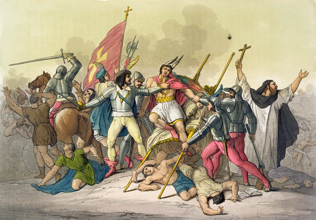 Boj mezi místními indiány a conquistadory od Gallo Gallina