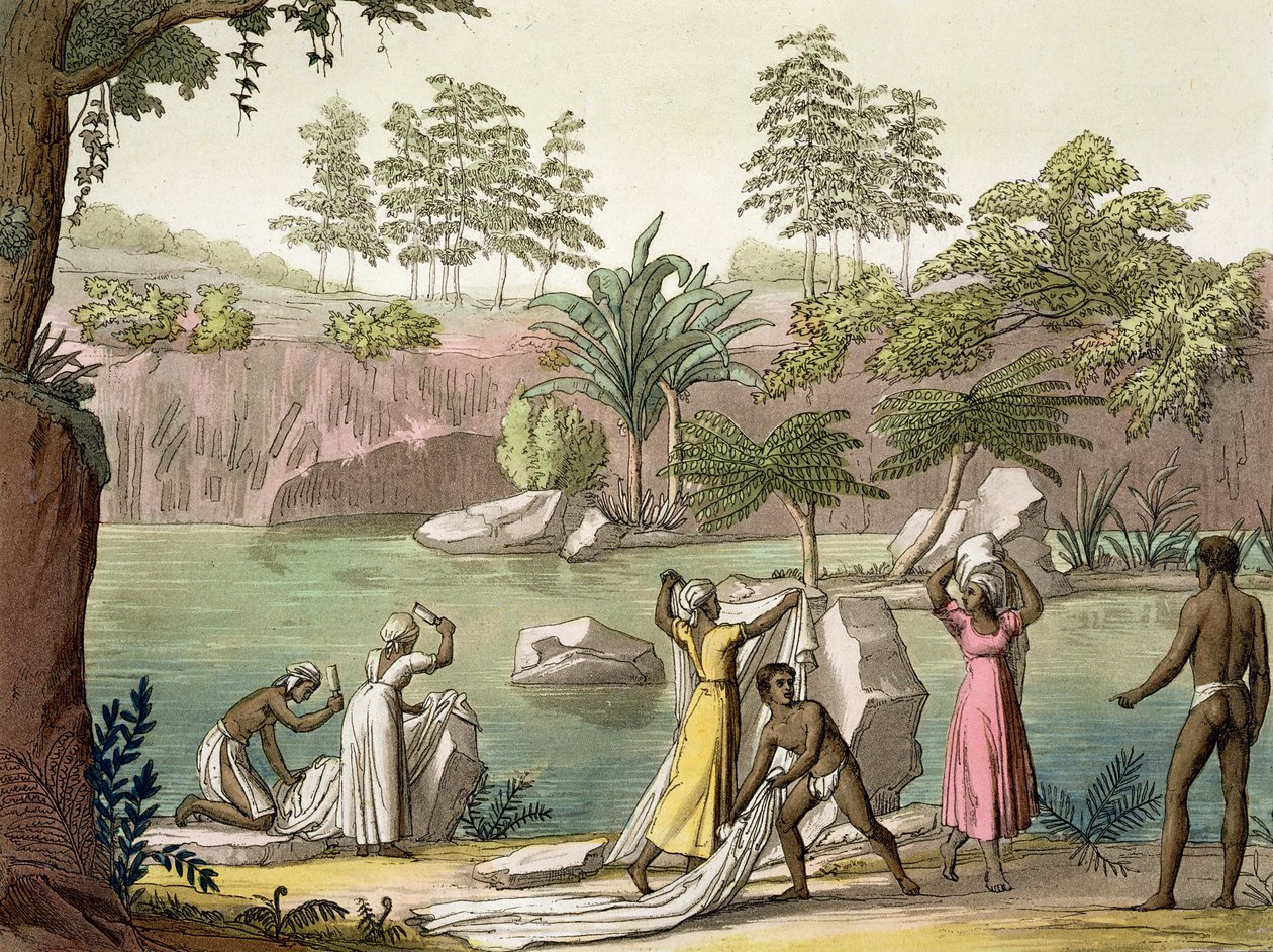 Řeka poblíž San Benedetta, Madagaskar, deska 81 z „Le Costume Ancien et Moderne“ od Julese Ferraria, vydáno kolem 20.–30. let 19. století od Gallo Gallina
